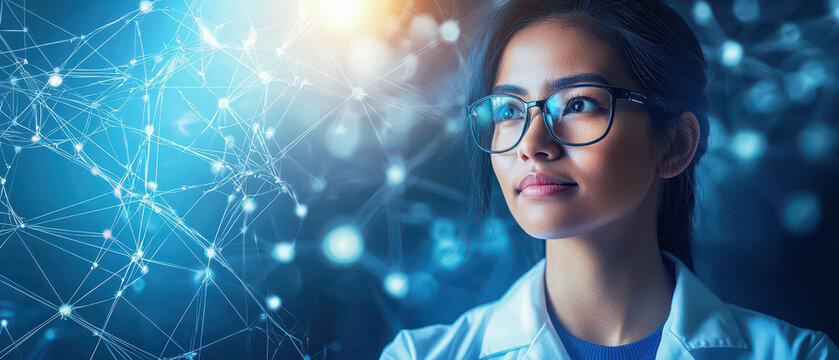 A focused scientist gazes thoughtfully, surrounded by digital connections, symbolizing innovation and the future of research.