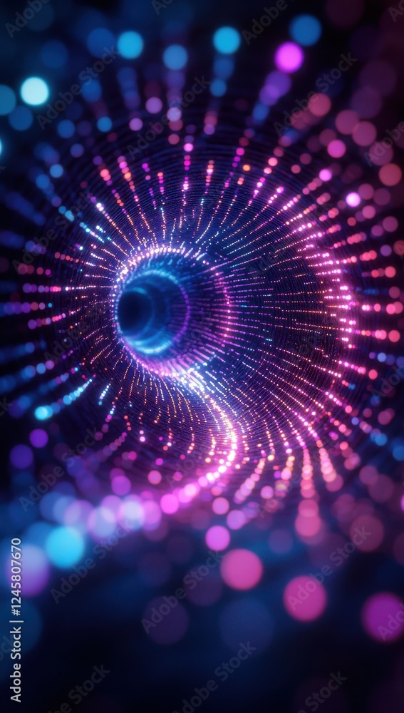 Poster abstract spiral pattern with colorful glowing dots and light trails in a mesmerizing swirl effect, e
