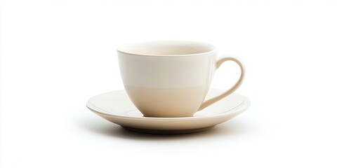 Obraz premium Minimalist composition featuring an empty beige cup on a matching saucer set against a bright white backdrop highlighting soft shadows and smooth curves.