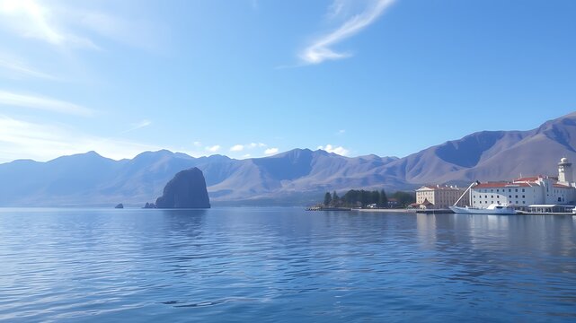 Scenic view of lake sevan in armenia with mountains and historical buildings.