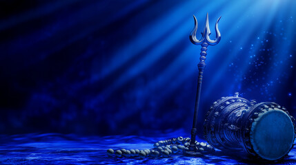 Shivaratri background featuring Lord Shiva's trident and Damroo Pelet Drum musical instrument, dark blue background, Maha Shivratri Festival