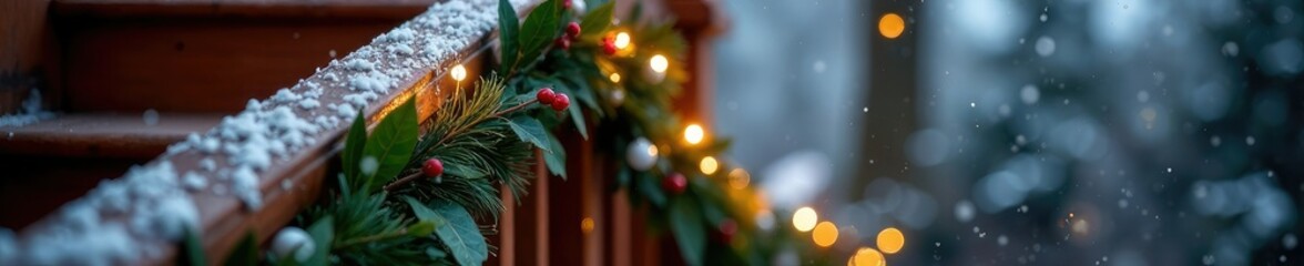 Obraz premium Snowflakes gently falling on the staircase railing, holly, winter