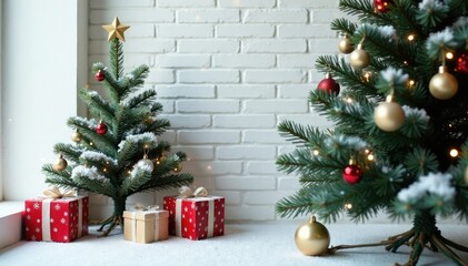 Snowflakes gently falling on the Christmas tree, white brick wall, present