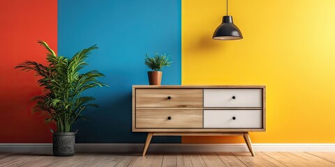 Modern wooden chest of drawers in minimalist design against vibrant blue and yellow walls with a potted plant and hanging black light fixture
