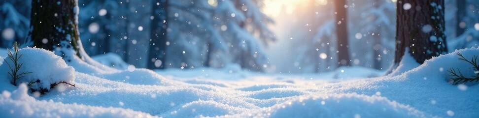 Snowflakes gently falling on the snow forest floor, icy atmosphere, snowfall, serene landscape