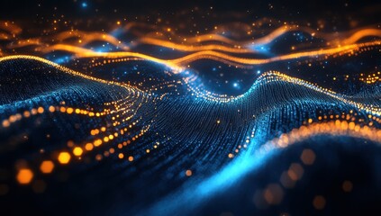Abstract visualization of flowing wave patterns with shimmering particles in vibrant blue and orange tones creating a dynamic digital landscape