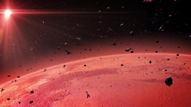 A glowing red planet mars with asteroids.

A beautifully illuminated red planet with detailed surface textures, surrounded by floating asteroids and rock meteors, under the warm glow of cosmic light.
