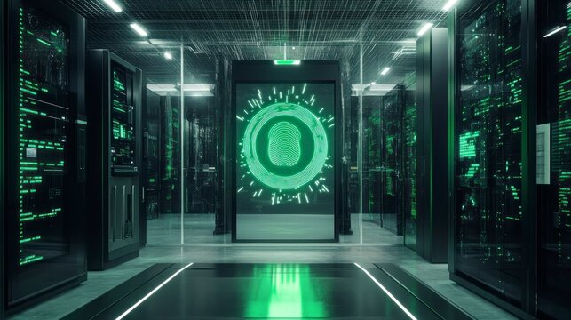 Digital fingerprint scanner glowing green in high-tech data center environment futuristic concept design