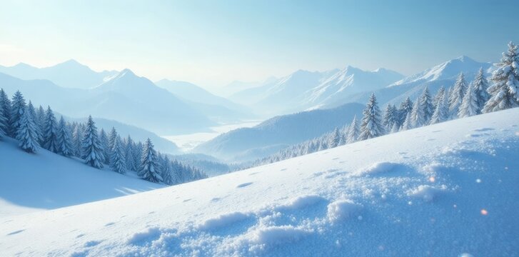 Snowflakes gently settle on the rolling hills, , powdery snow, snowy landscape