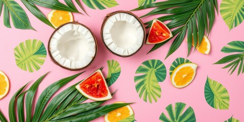 Ripe coconuts on pink background, top view, copy space, pop art design, creative summer concept, minimal flat lay style, fresh, half, tropical