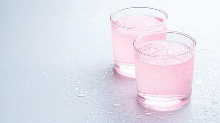 Pink sparkling water glasses on table