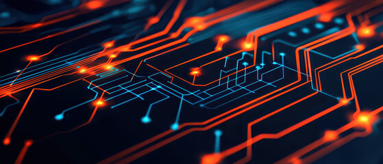 Obraz premium A vibrant, abstract representation of a circuit board, showcasing intricate patterns of glowing lines and connections in shades of blue and orange.