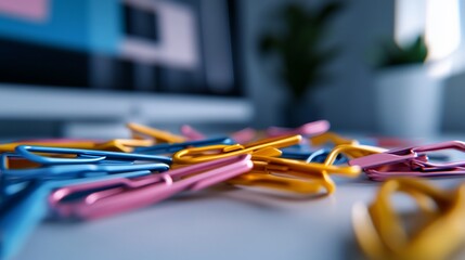 Colorful Paperclips on a Desk, Close-Up Macro Shot