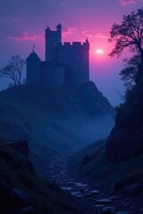 Obraz premium Twilight mist swirls around ancient castle walls, mystic, atmospheric, mist