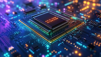 Obraz premium Close-up of a glowing microprocessor on a circuit board featuring vibrant blue, purple, and orange lights, symbolizing technology and digital advancement