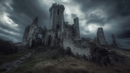 A dramatic image of an old medieval castle with crumbling stone walls, towers, and a dark, ominous sky, reflecting its haunting past and forgotten glory.