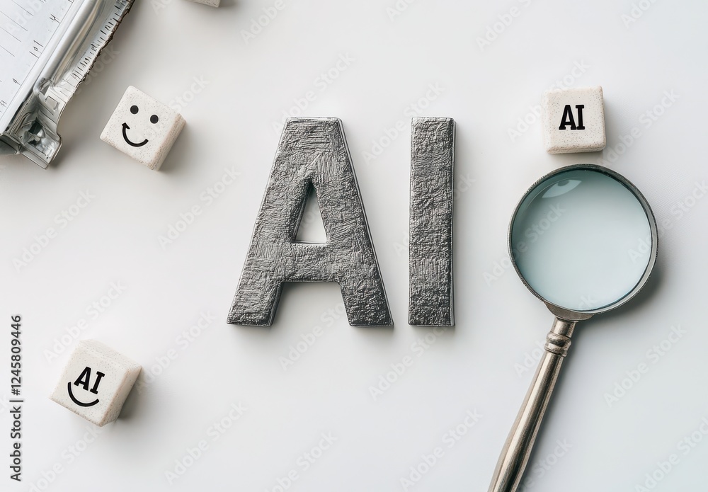 Poster close-up of gray textured letters ai on a white surface surrounded by blocks with smiley faces and a