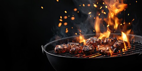 Close up of a portable barbecue grill with active flames and glowing charcoal in a black background showcasing grilled meat and sparks flying