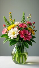 Fototapeta premium Vase filled with colorful flowers and lush greenery, flowers, leaves, plants