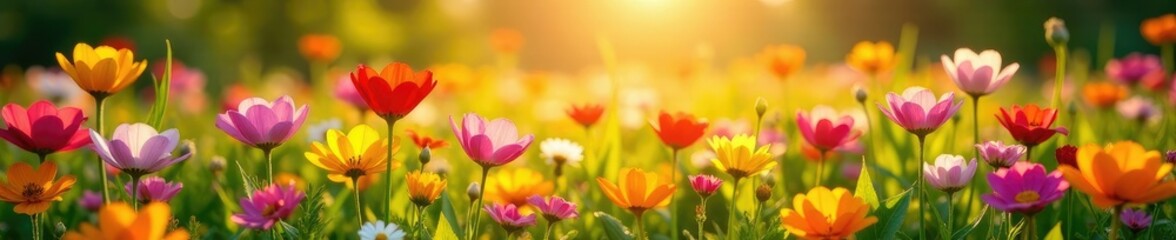 Abundant colorful flowers bloom in warm sunlight, floral arrangements, sunny meadow, garden scene