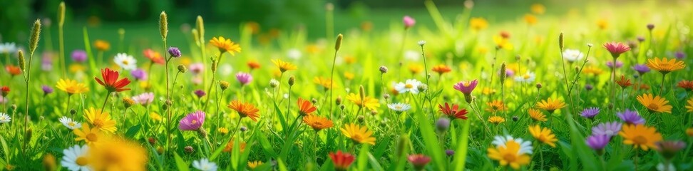 Fototapeta premium Abundant wildflowers carpeting the lush green grass, bloom, meadow