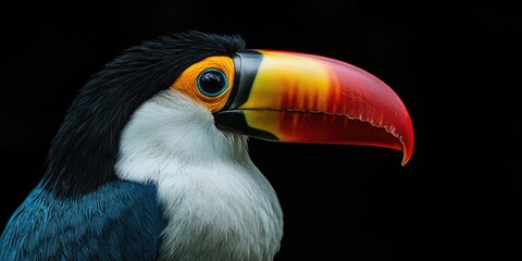 Naklejka premium Close up profile of a vibrant white-throated toucan with a large colorful beak, featuring black background highlighting its vivid plumage and eye.