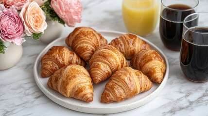 Indulging in buttery croissants and refreshing drinks at a cozy morning table for relaxation