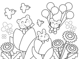 春を楽しむ動物たちの塗り絵