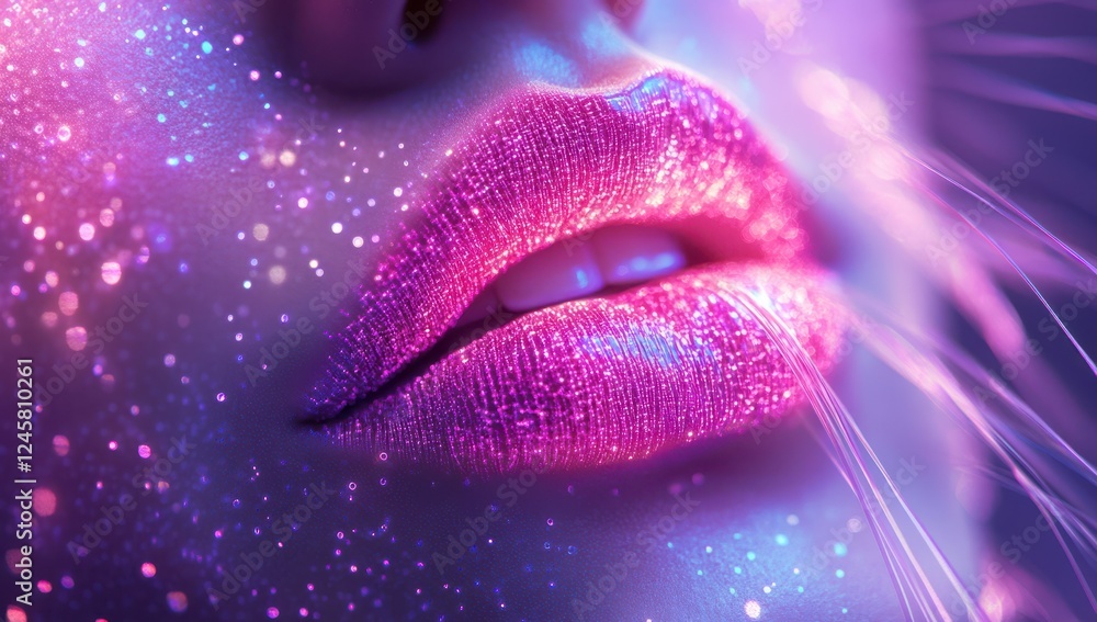 Poster Close-Up of Iridescent Lips with Glitter and Sparkles in Multicolored Neon Light Effect Captured in a Dreamy and Abstract Style