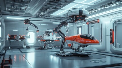 Fototapeta premium Drone maintenance station featuring robotic arm technology futuristic environment industrial design high-tech viewpoint