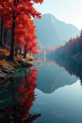 Amber and crimson tones of autumnal forest reflected perfectly in the serene surface of a lake, scenery, woods