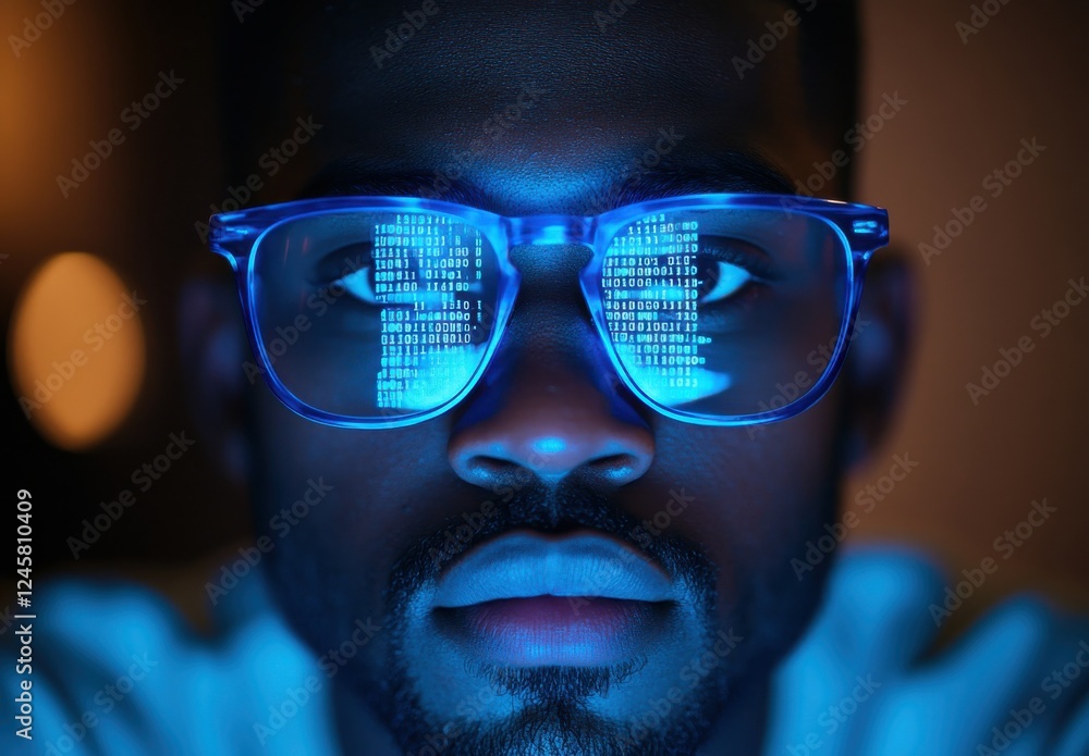 Poster close-up portrait of a person wearing glasses with reflective binary code creating a futuristic and 