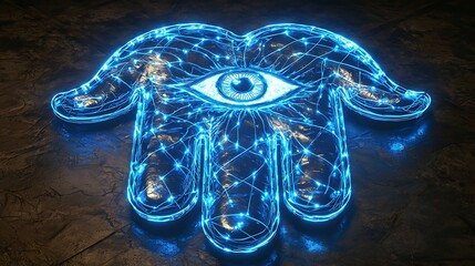 Obraz premium Neon Hamsa Hand with Eye of Providence - Spiritual Symbol in Blue Light