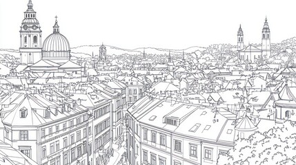 Panoramic city skyline sketch, hilltop view, European architecture, travel guide illustration