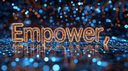 Empower Glowing Neon Word on Network Mesh Background.