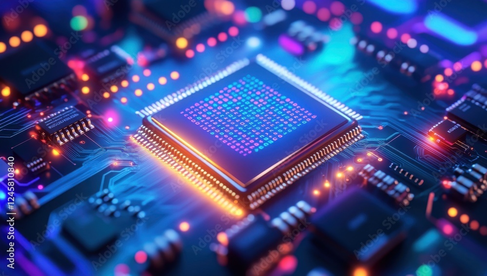 Poster close-up view of colorful circuit board with microprocessor and digital elements glowing in a modern