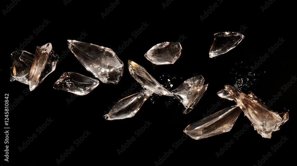 Poster a dramatic shot of glass shards scattering in multiple directions, frozen mid-air with each piece sp