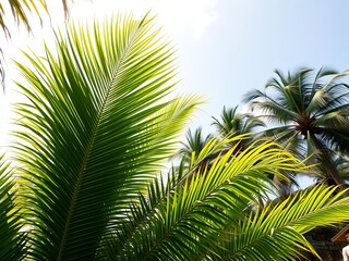 Fototapeta premium Vibrant tropical scene with tall palm trees against a clear blue sky, relaxation, vacation spot, sunny day