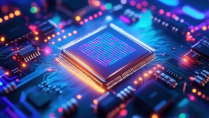 Close-up View of Colorful Circuit Board with Microprocessor and Digital Elements Glowing in a Modern Technology Setting