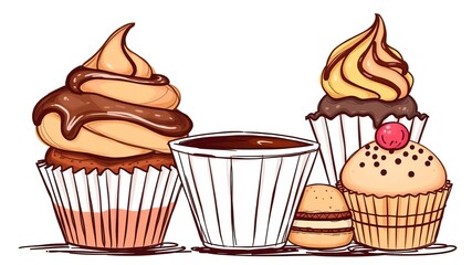 Vector sketchy illustrations collection of various desserts and sweet foods such as cupcakes, cookies, ice cream, and macarons, along with a paper coffee cup, sweet, vector, coffee