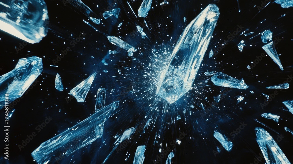 Poster a dramatic shot of glass shards scattering in multiple directions, frozen mid-air with each piece sp