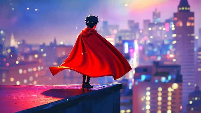 Young hero gazes over cityscape with flowing cape at twilight