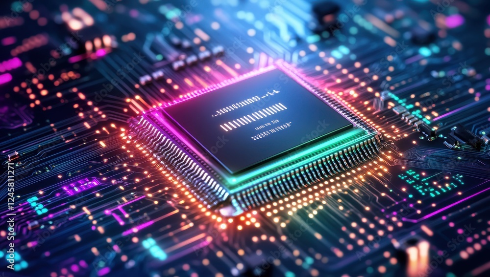 Poster colorful close-up of a microchip on a circuit board showcasing advanced technology with bright light