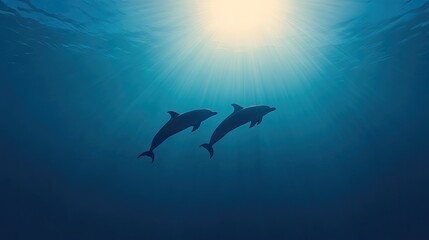 Two dolphins swimming gracefully underwater with sun rays illuminating the scene