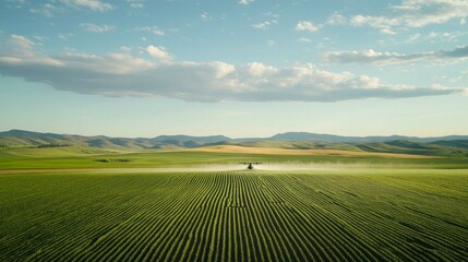 Obraz premium Drone spraying crops over vast farmland aerial view agriculture environment sustainable practices