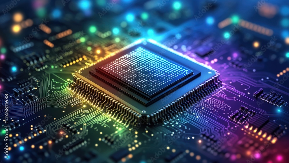 Poster colorful electronic circuit board with microchip and abstract lights in technology background for in
