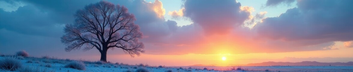 Fototapeta premium bare tree against blue sky with few clouds at sunset, foliage, frost