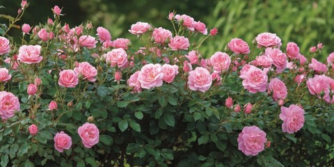 Fototapeta premium Pink roses in full bloom cascading over a lush green hedge creating a vibrant garden scene with soft sunlight illuminating the petals.