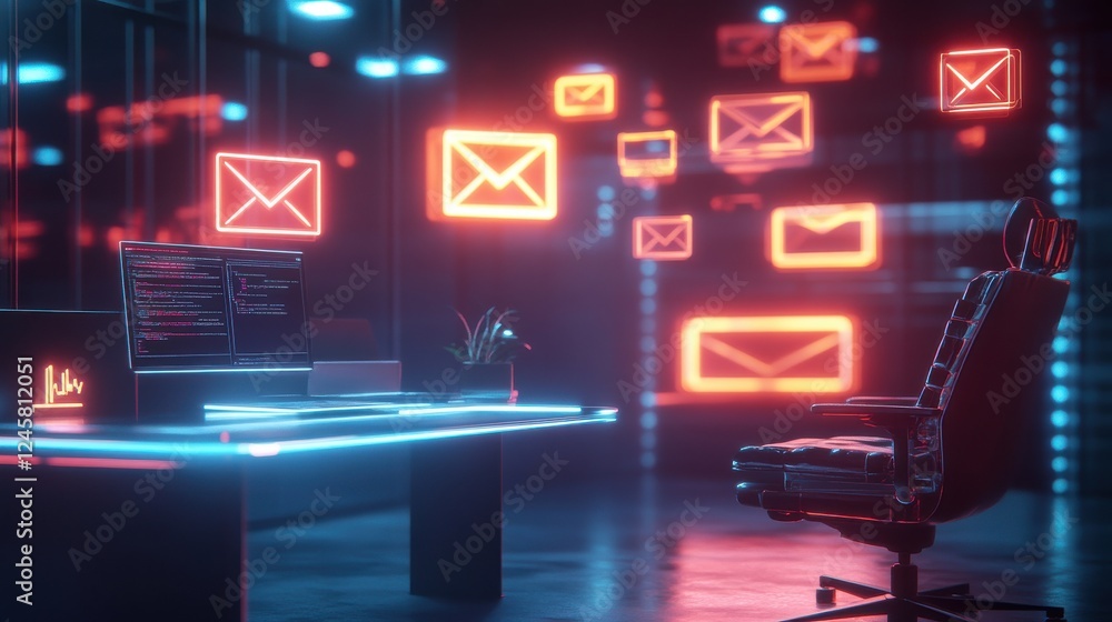 Poster futuristic office space with neon emails and high-tech computer setup