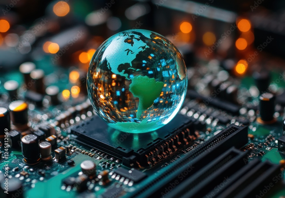 Poster conceptual image of a glass globe resting on a circuit board, showcasing the intersection of technol
